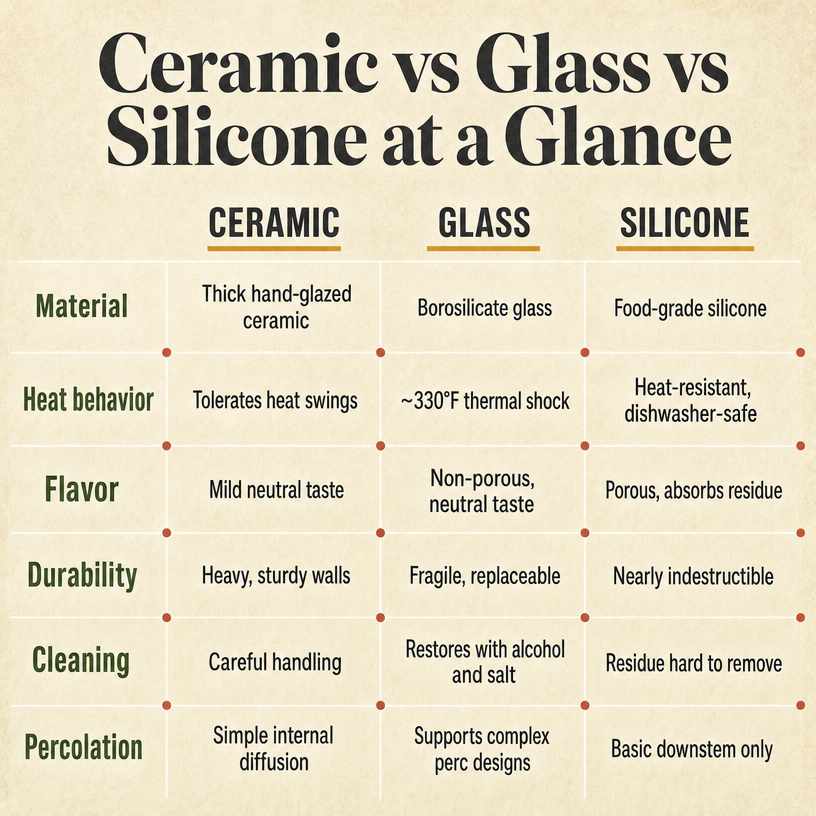Ceramic vs Glass vs Silicone at a Glance