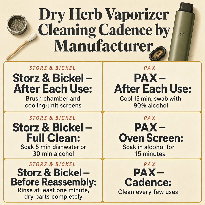 Dry Herb Vaporizer Cleaning Cadence by Manufacturer