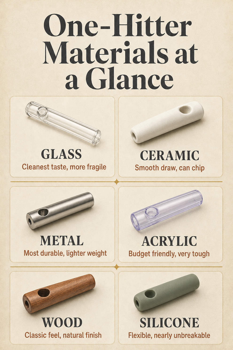One-Hitter Materials at a Glance